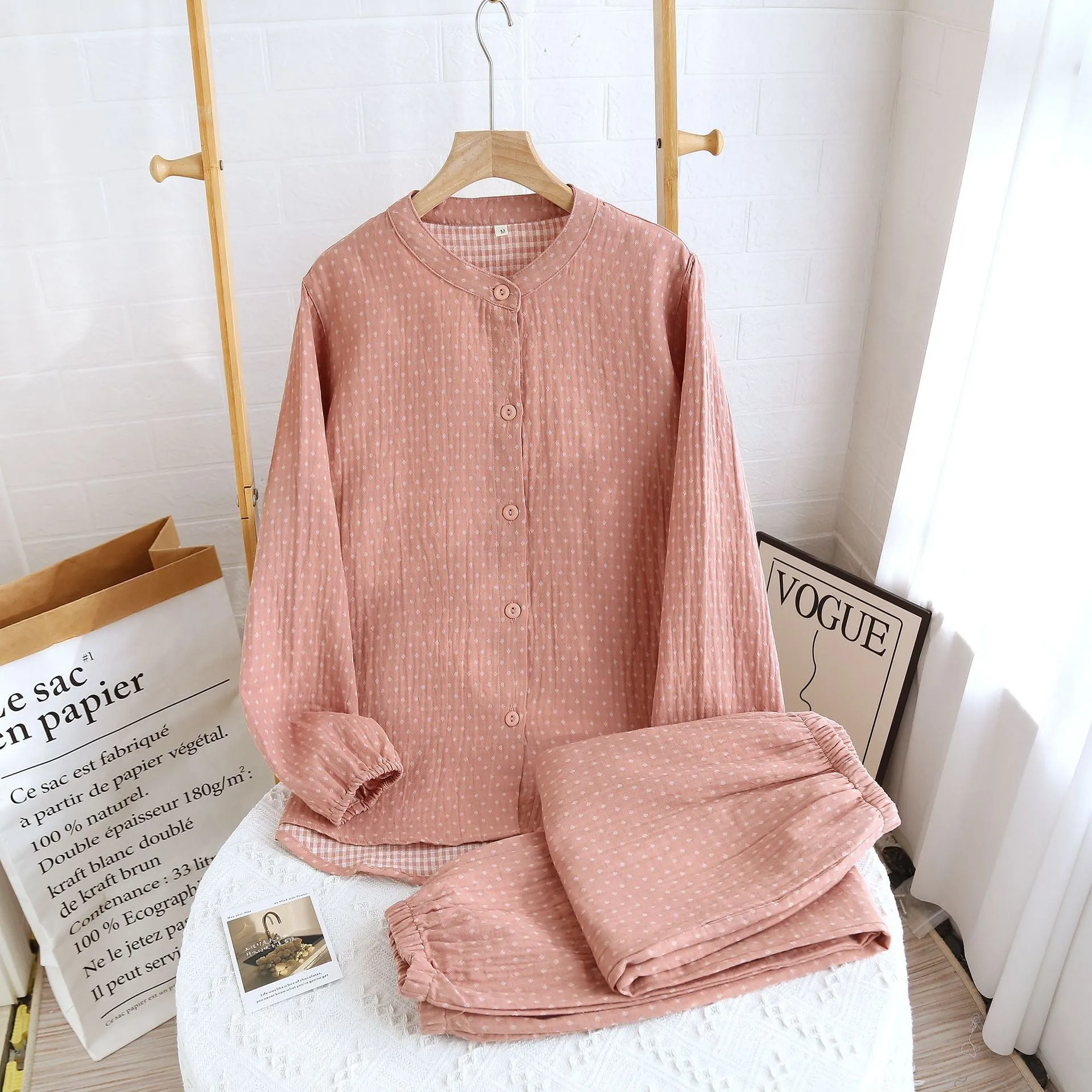 Pink Dyed Washed Cotton Cotton Pajama Set