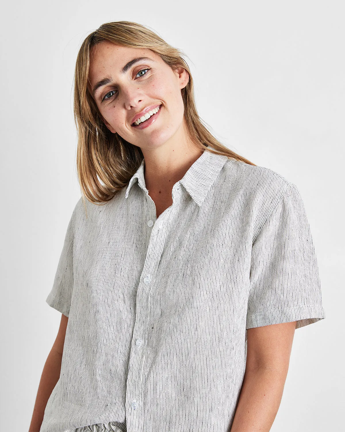 Pinstripe 100% French Flax Linen Short Sleeve Shirt