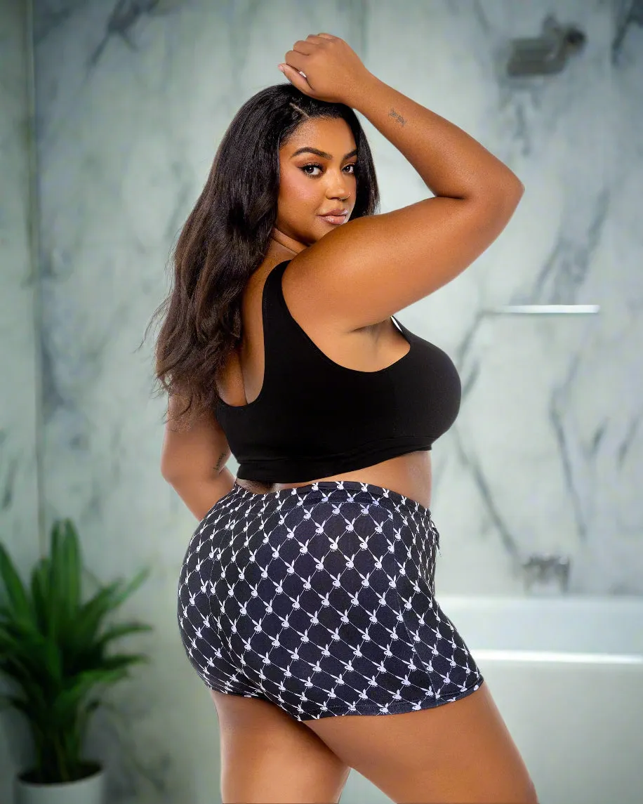 Plus Size Playboy Bunny Black Tank Crop Top & Highwaisted Short Sleep Loungewear