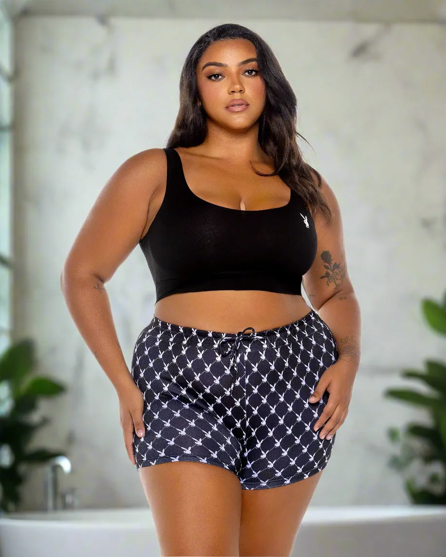 Plus Size Playboy Bunny Black Tank Crop Top & Highwaisted Short Sleep Loungewear