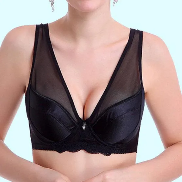 Plus Size Sexy Satin Breathable Mesh Deep V Underwire Bras