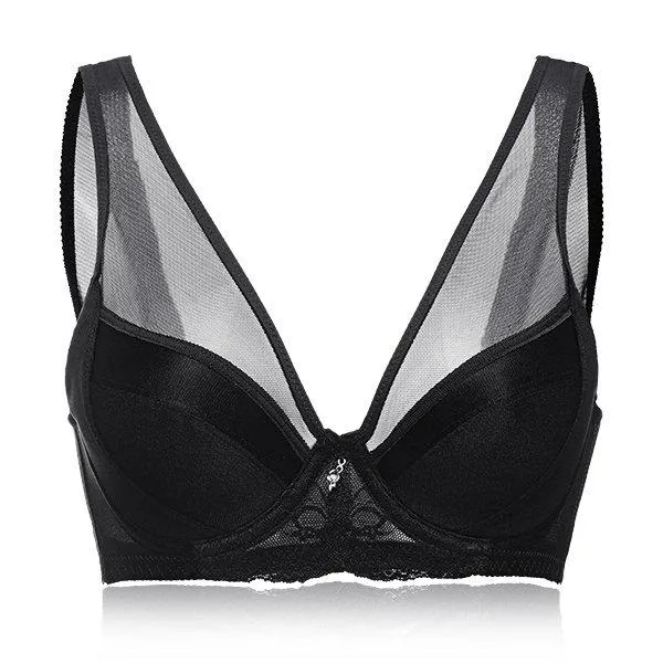 Plus Size Sexy Satin Breathable Mesh Deep V Underwire Bras