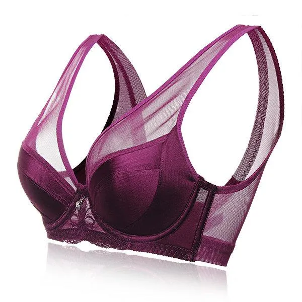 Plus Size Sexy Satin Breathable Mesh Deep V Underwire Bras