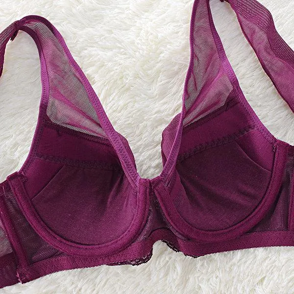 Plus Size Sexy Satin Breathable Mesh Deep V Underwire Bras
