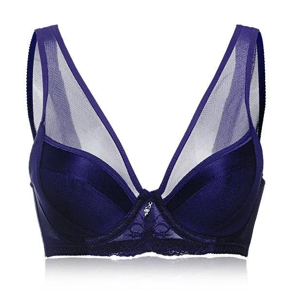 Plus Size Sexy Satin Breathable Mesh Deep V Underwire Bras