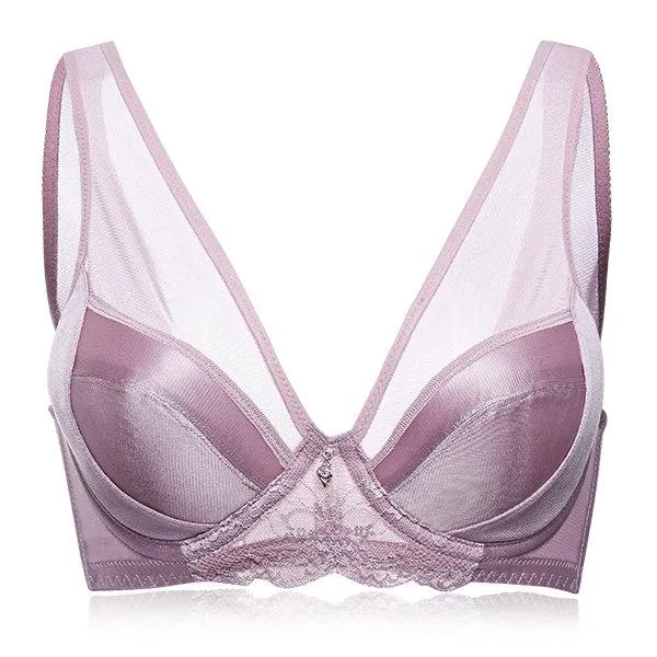 Plus Size Sexy Satin Breathable Mesh Deep V Underwire Bras