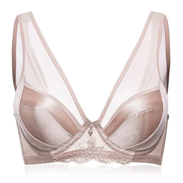 Plus Size Sexy Satin Breathable Mesh Deep V Underwire Bras