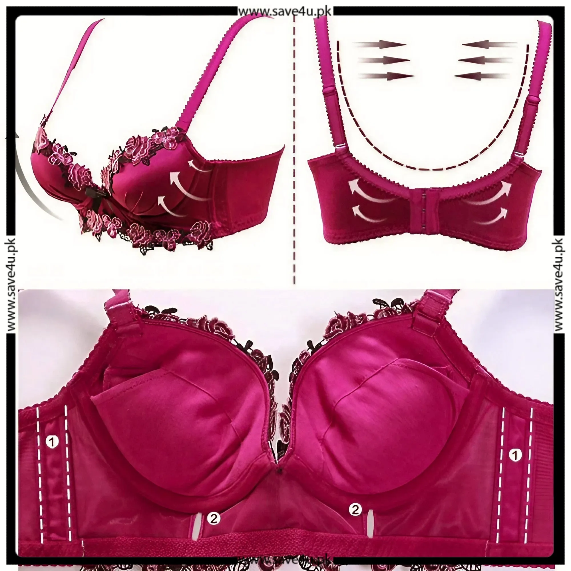 Push Up Double Padding Floral Design Bra Set