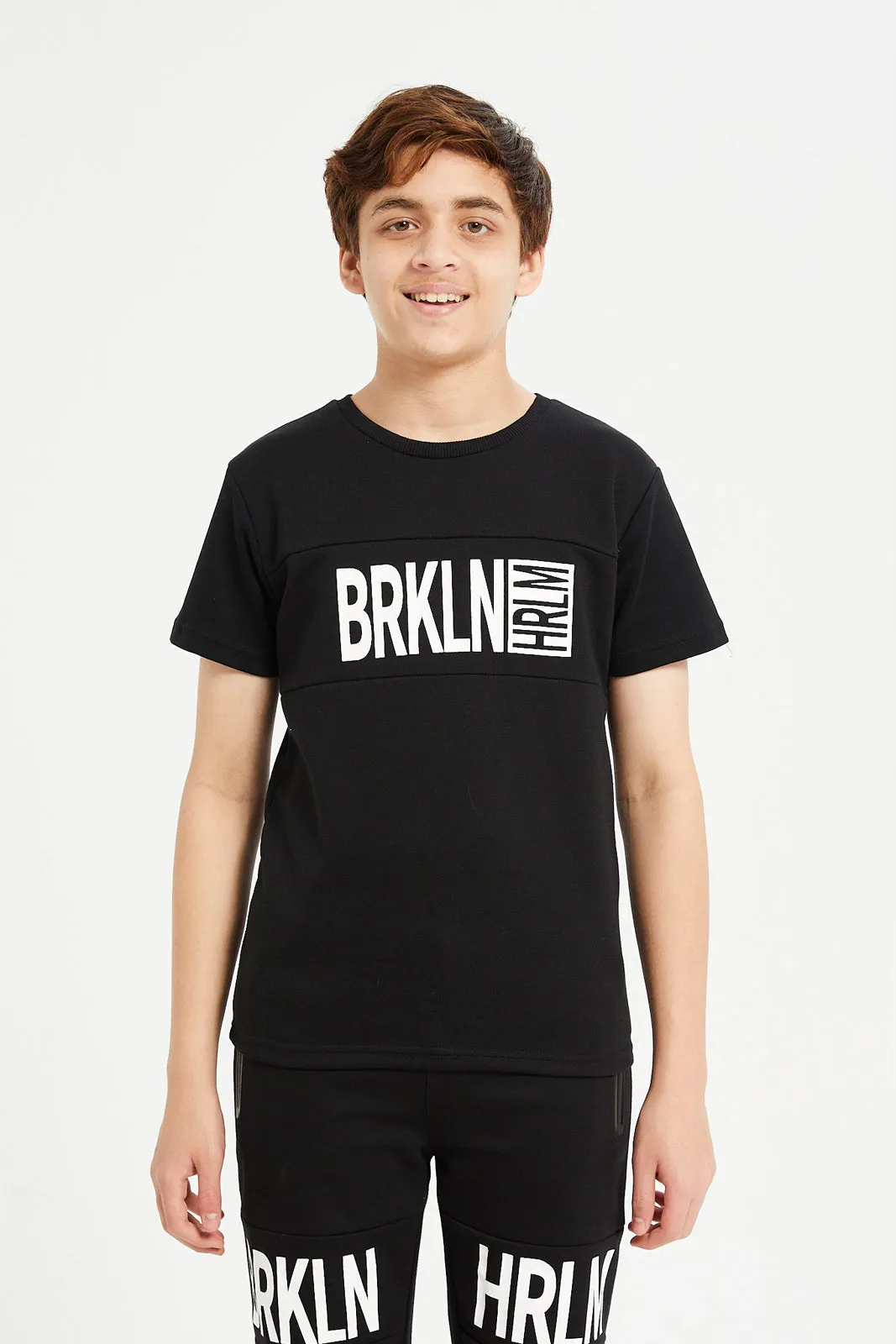 Senior Boys Black Short Sleeve T-Shirt With Shorts Set (2 Piece)