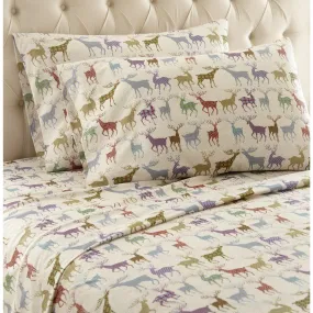 Shavel Micro Flannel Quality Printed Sheet Set - Twin Flat/Fitted Sheet 66x96/75x39x14" Pillowcase 21x32" - Colorful Deer.