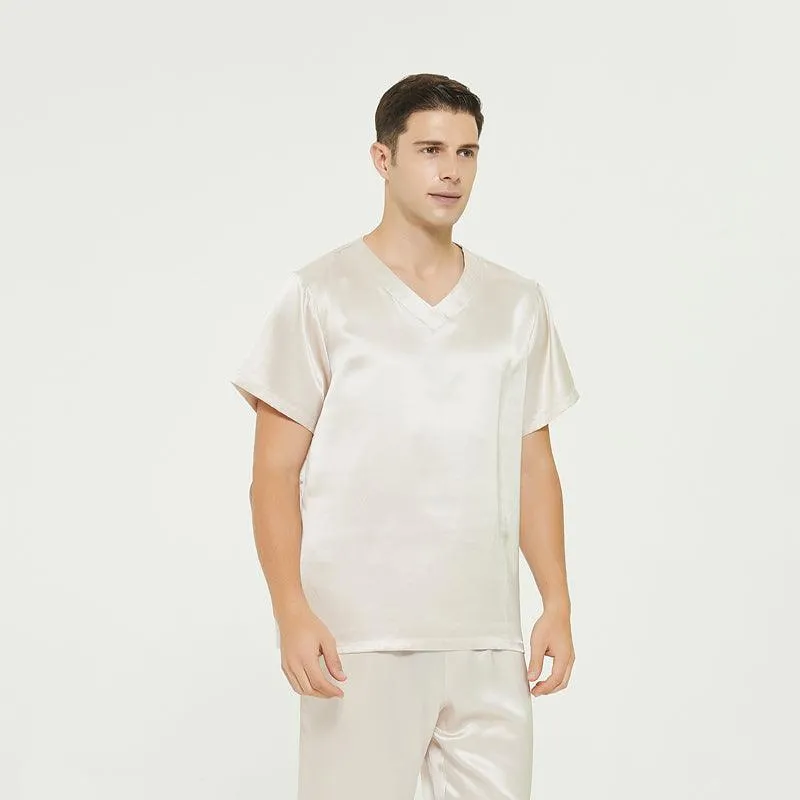 Short Sleeves Mens Silk Pajamas Set  22MM Mulberry Silk 2-piece V Neck Silk Sleepwear