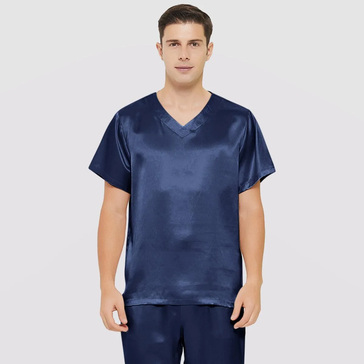 Short Sleeves Mens Silk Pajamas Set  22MM Mulberry Silk 2-piece V Neck Silk Sleepwear
