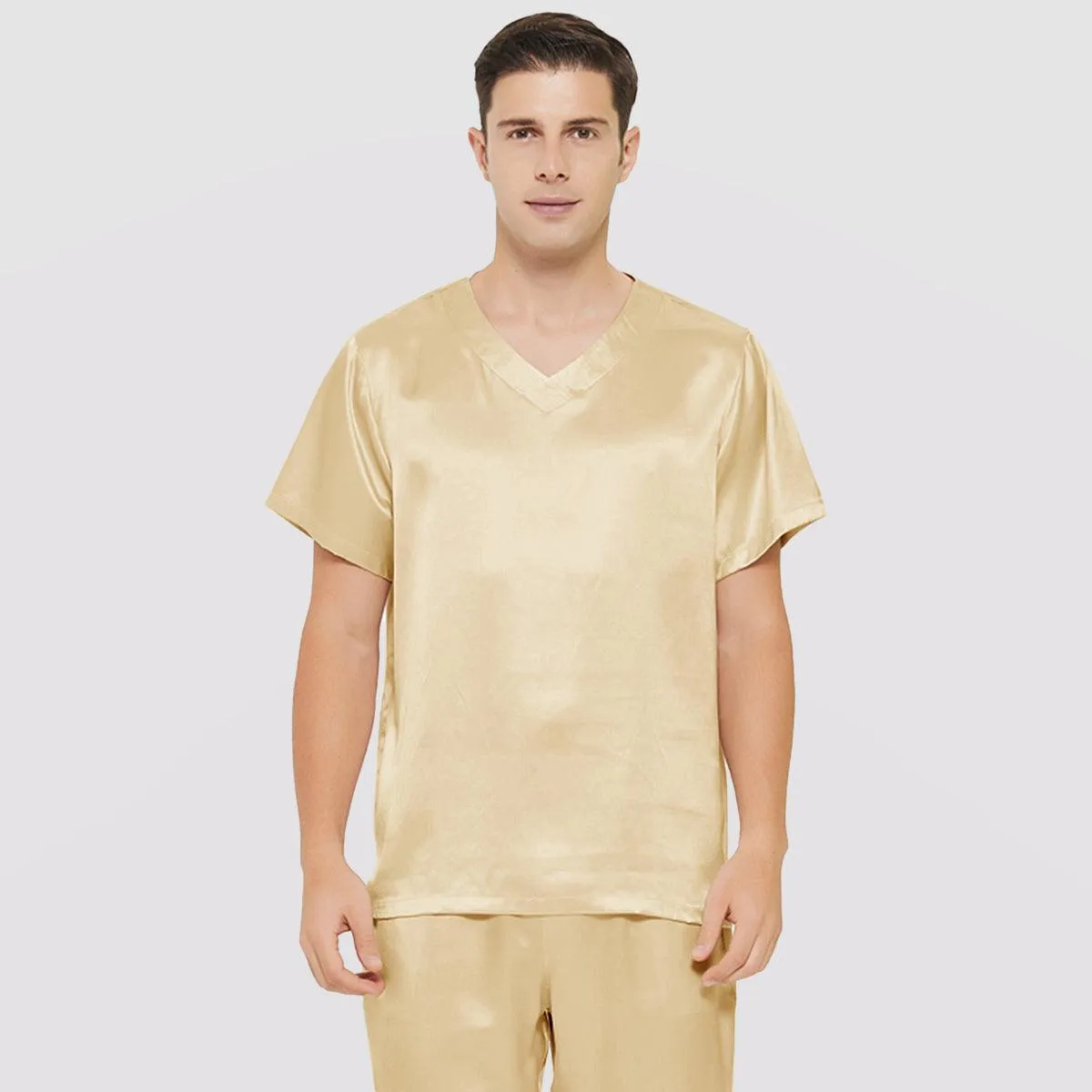 Short Sleeves Mens Silk Pajamas Set  22MM Mulberry Silk 2-piece V Neck Silk Sleepwear