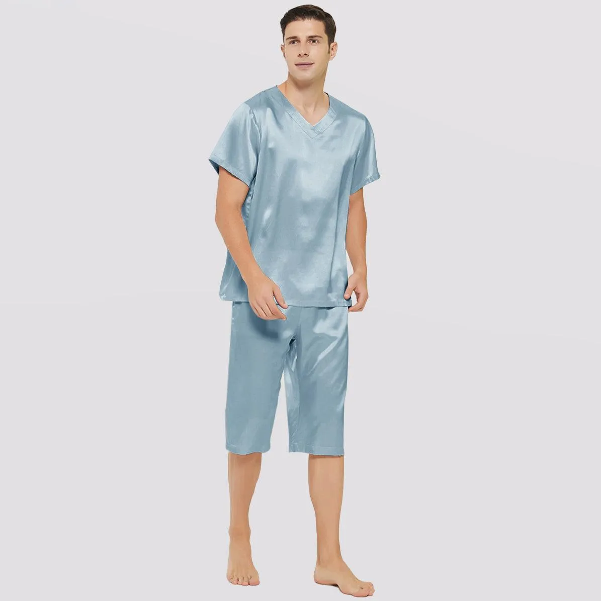 Short Sleeves Mens Silk Pajamas Set  22MM Mulberry Silk 2-piece V Neck Silk Sleepwear