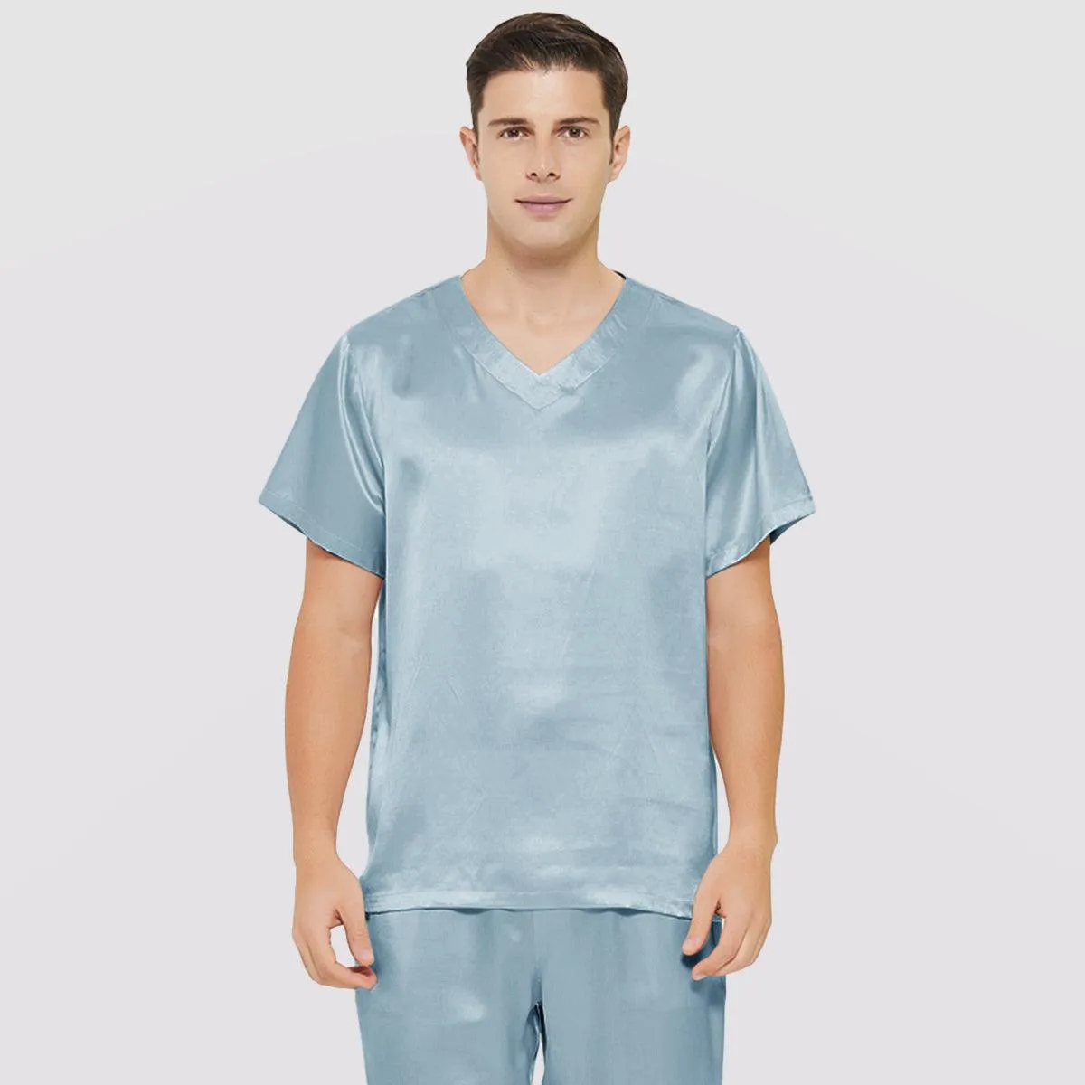 Short Sleeves Mens Silk Pajamas Set  22MM Mulberry Silk 2-piece V Neck Silk Sleepwear