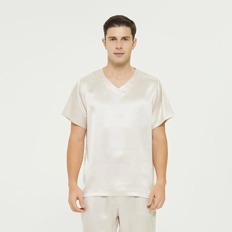 Short Sleeves Mens Silk Pajamas Set  22MM Mulberry Silk 2-piece V Neck Silk Sleepwear