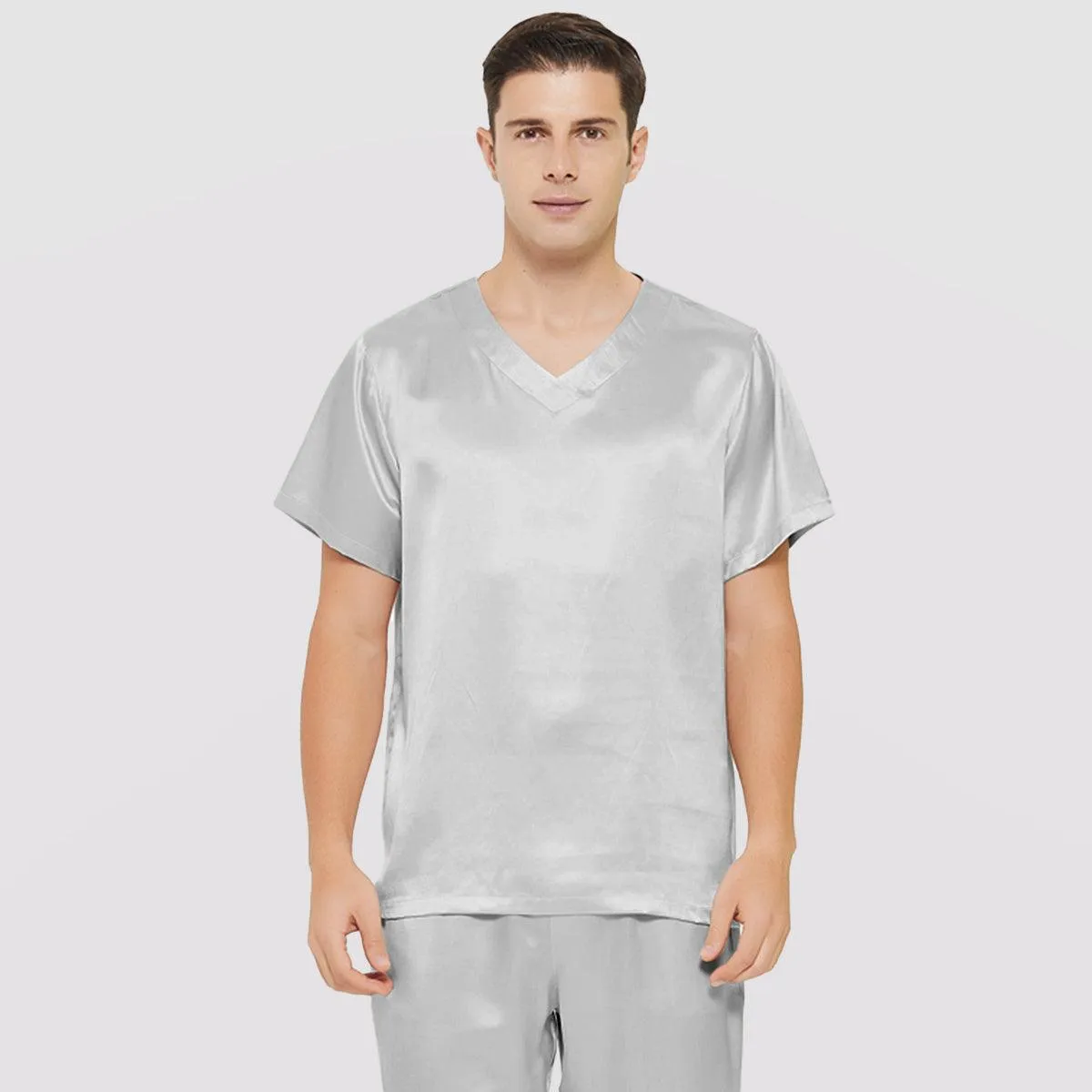 Short Sleeves Mens Silk Pajamas Set  22MM Mulberry Silk 2-piece V Neck Silk Sleepwear