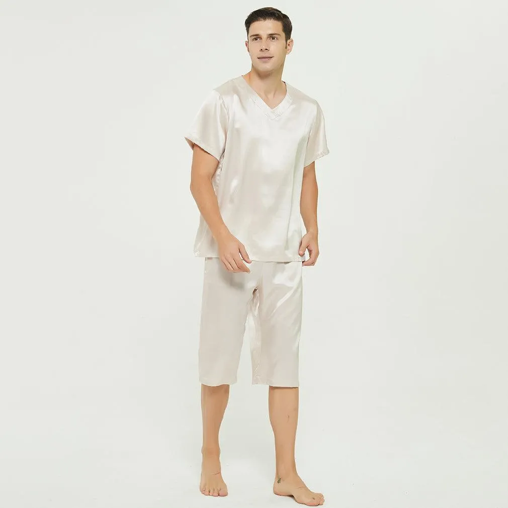 Short Sleeves Mens Silk Pajamas Set  22MM Mulberry Silk 2-piece V Neck Silk Sleepwear