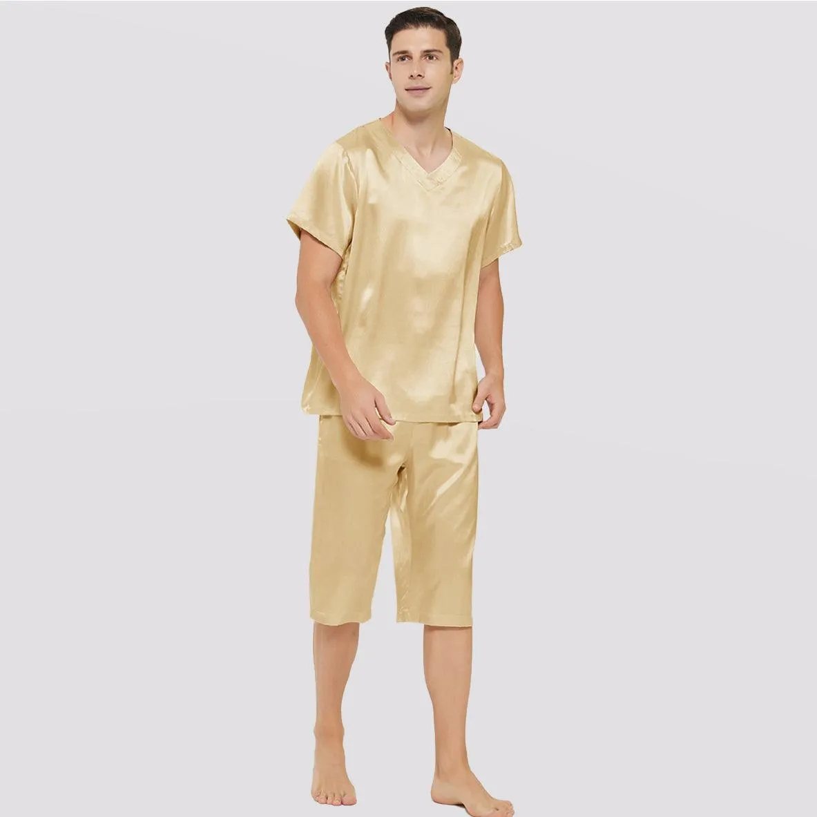 Short Sleeves Mens Silk Pajamas Set  22MM Mulberry Silk 2-piece V Neck Silk Sleepwear