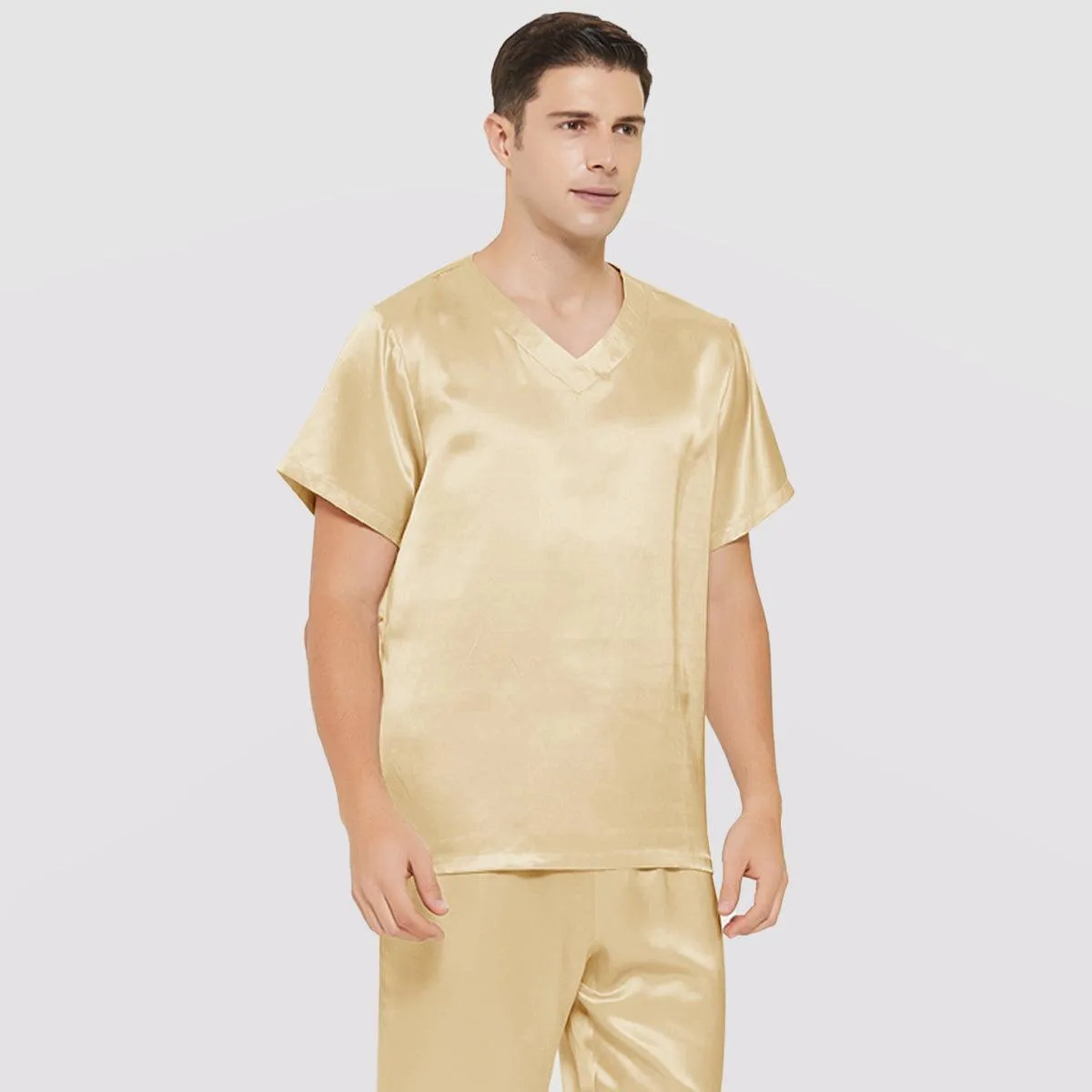 Short Sleeves Mens Silk Pajamas Set  22MM Mulberry Silk 2-piece V Neck Silk Sleepwear