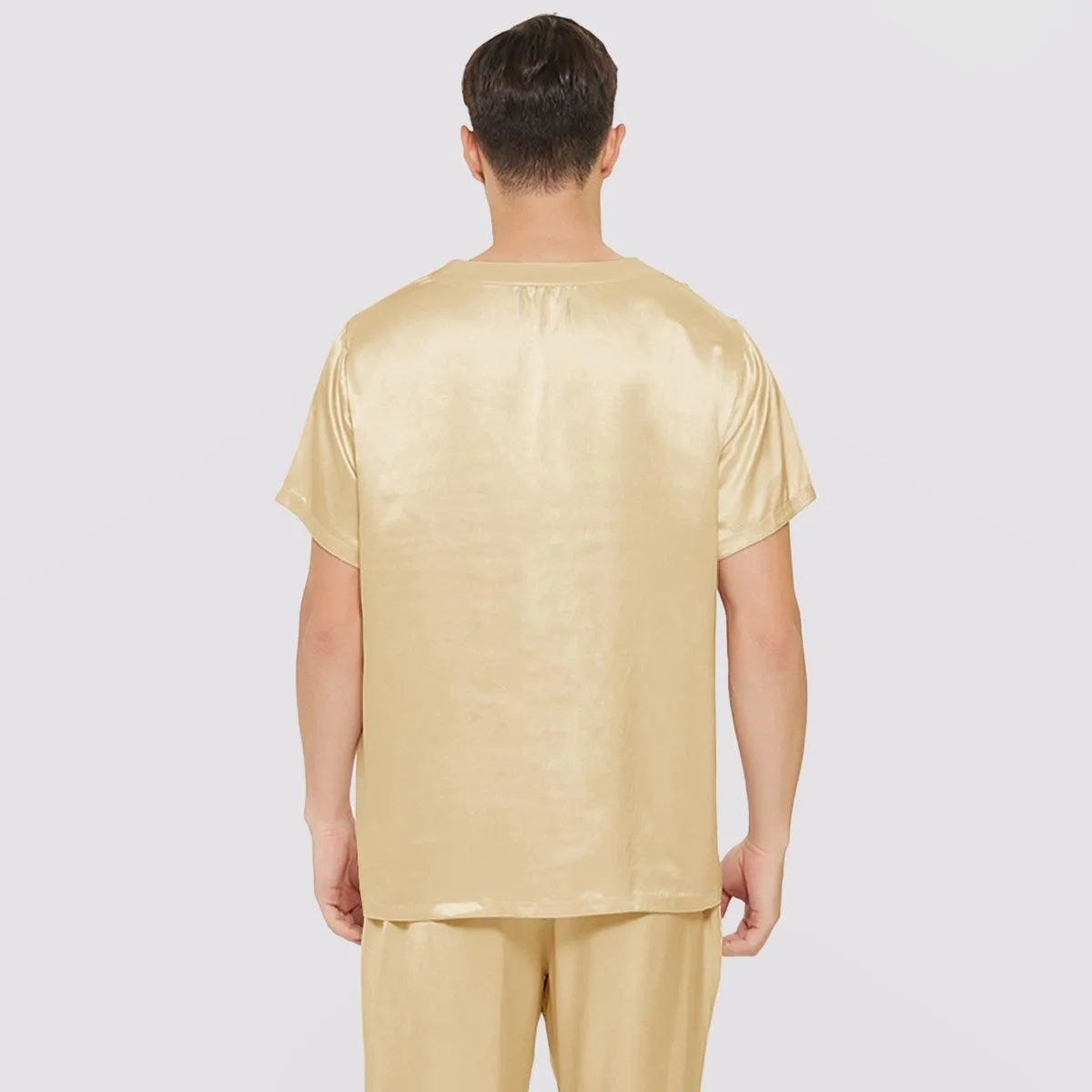 Short Sleeves Mens Silk Pajamas Set  22MM Mulberry Silk 2-piece V Neck Silk Sleepwear
