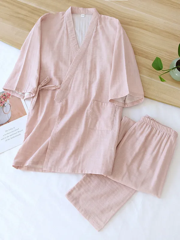 Solid Couple Cotton Robe Pajamas Set