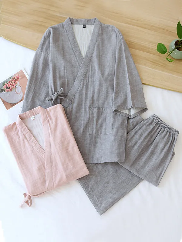 Solid Couple Cotton Robe Pajamas Set