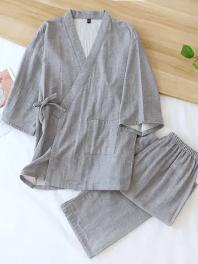 Solid Couple Cotton Robe Pajamas Set