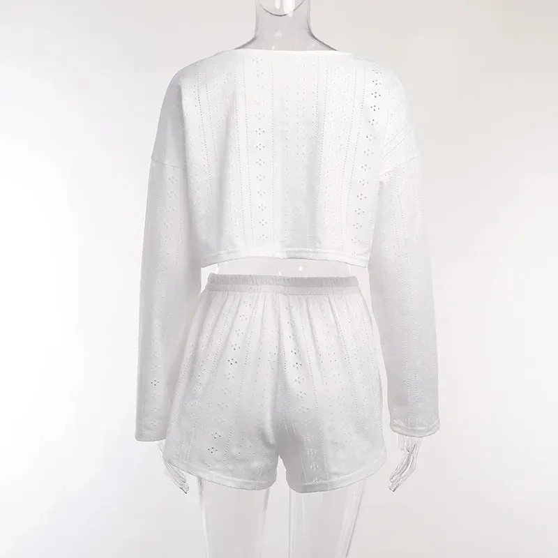 Spring & Summer Loungewear Eyelet Long Sleeve Top & Shorts
