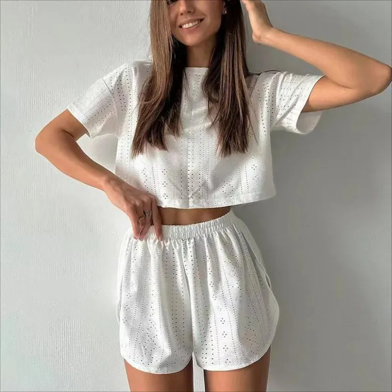 Spring & Summer Loungewear Eyelet Long Sleeve Top & Shorts