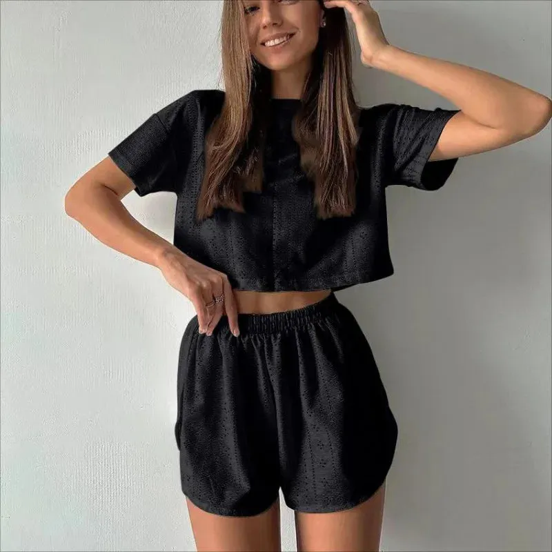 Spring & Summer Loungewear Eyelet Long Sleeve Top & Shorts