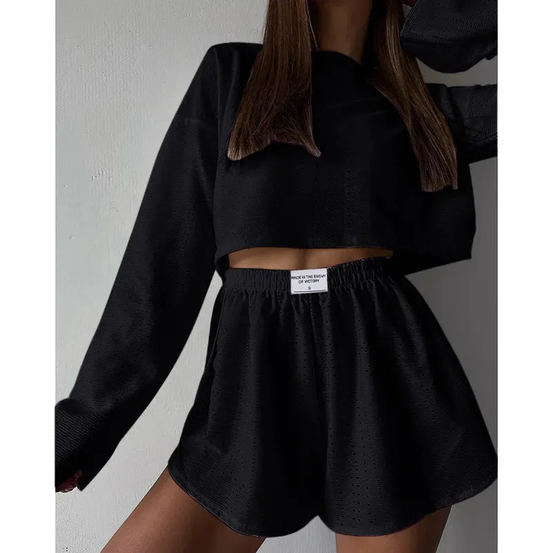 Spring & Summer Loungewear Eyelet Long Sleeve Top & Shorts