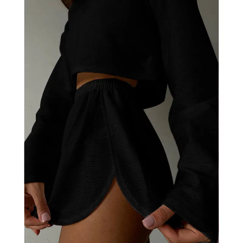 Spring & Summer Loungewear Eyelet Long Sleeve Top & Shorts