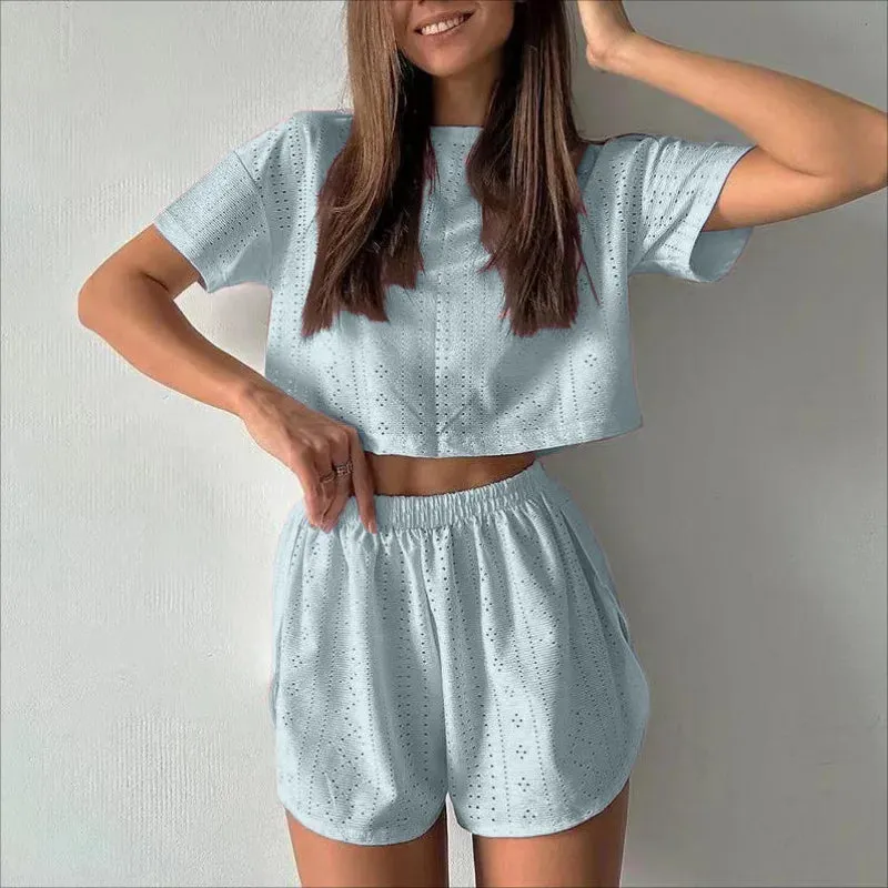 Spring & Summer Loungewear Eyelet Long Sleeve Top & Shorts