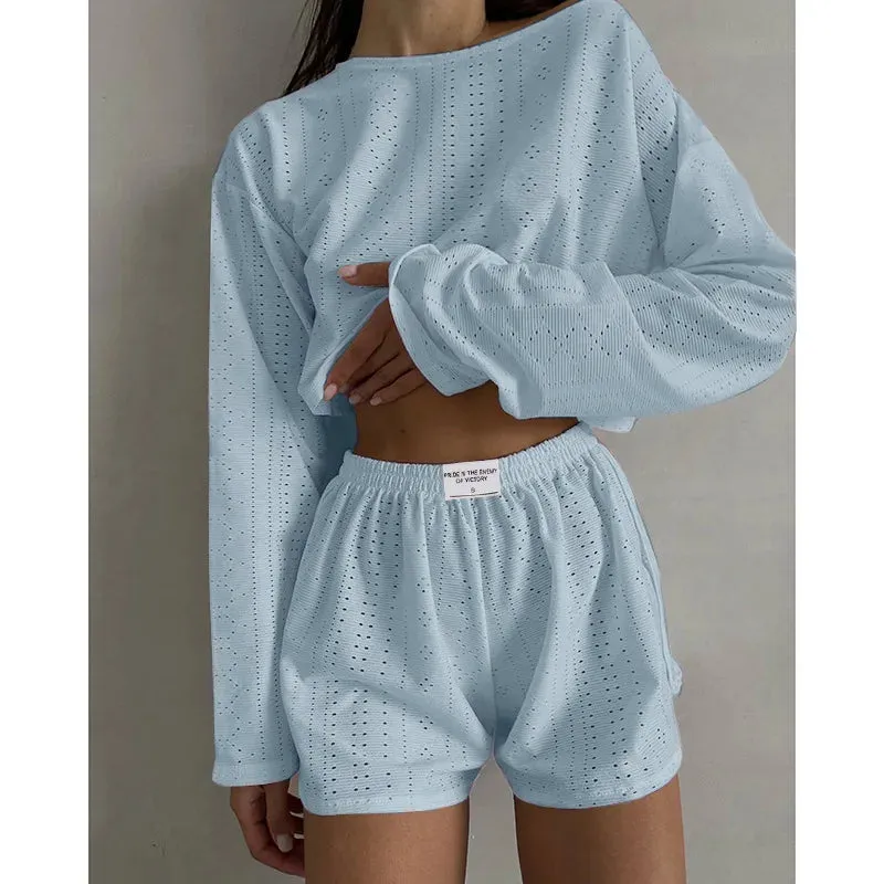 Spring & Summer Loungewear Eyelet Long Sleeve Top & Shorts