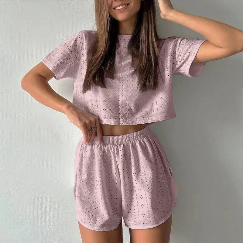 Spring & Summer Loungewear Eyelet Long Sleeve Top & Shorts