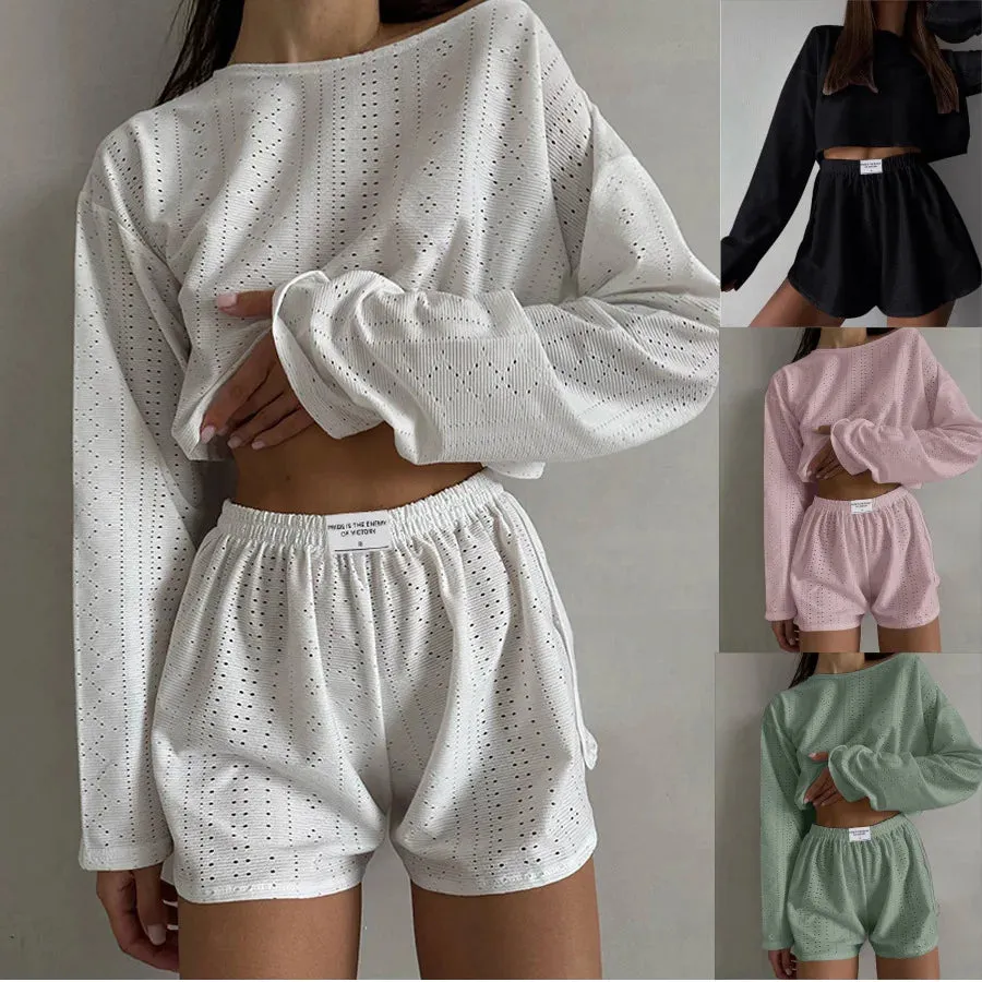 Spring & Summer Loungewear Eyelet Long Sleeve Top & Shorts