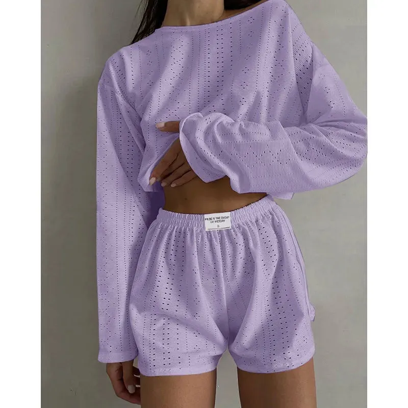 Spring & Summer Loungewear Eyelet Long Sleeve Top & Shorts