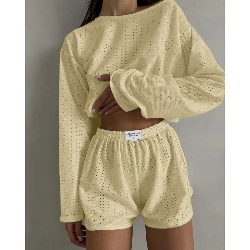 Spring & Summer Loungewear Eyelet Long Sleeve Top & Shorts