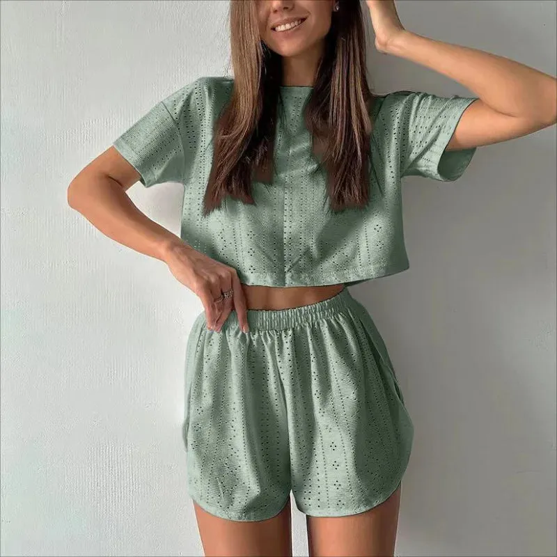 Spring & Summer Loungewear Eyelet Long Sleeve Top & Shorts