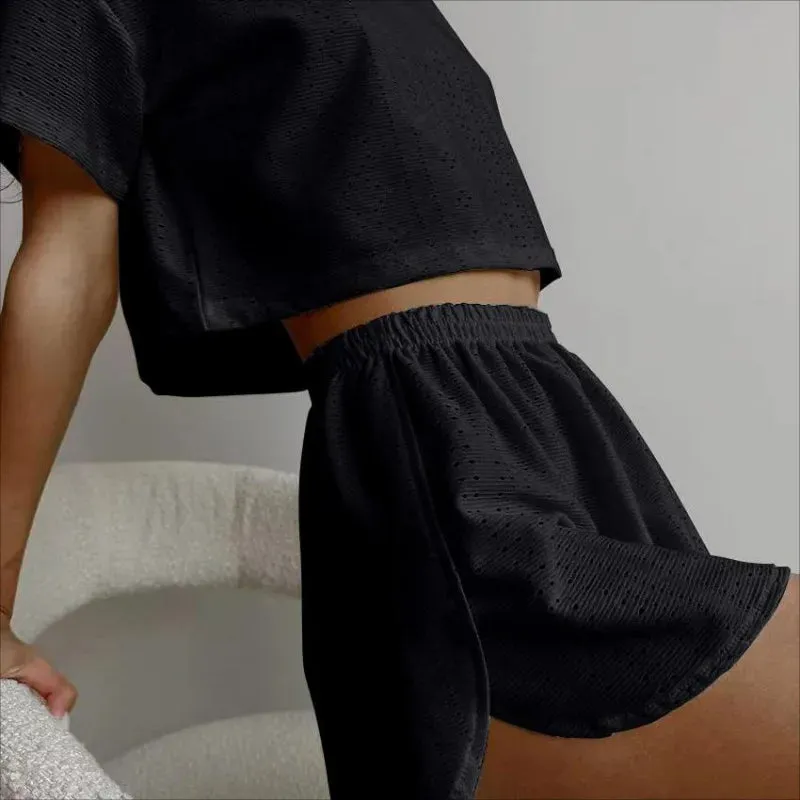 Spring & Summer Loungewear Eyelet Long Sleeve Top & Shorts