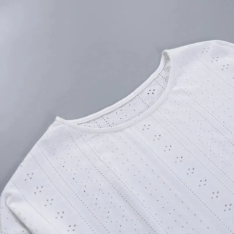 Spring & Summer Loungewear Eyelet Long Sleeve Top & Shorts