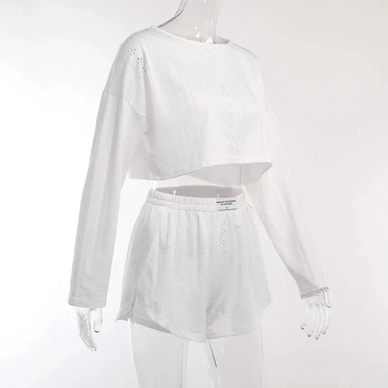 Spring & Summer Loungewear Eyelet Long Sleeve Top & Shorts