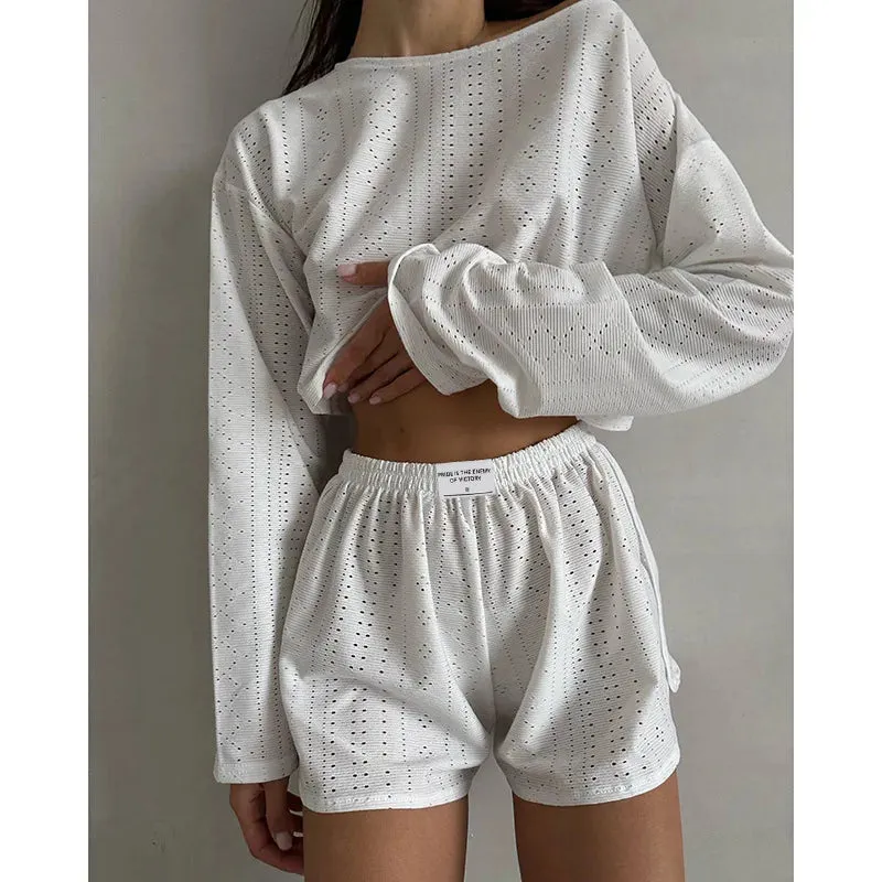 Spring & Summer Loungewear Eyelet Long Sleeve Top & Shorts
