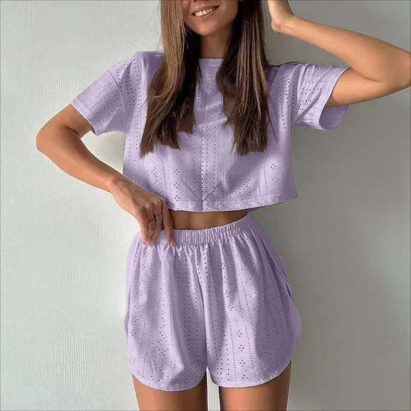 Spring & Summer Loungewear Eyelet Long Sleeve Top & Shorts