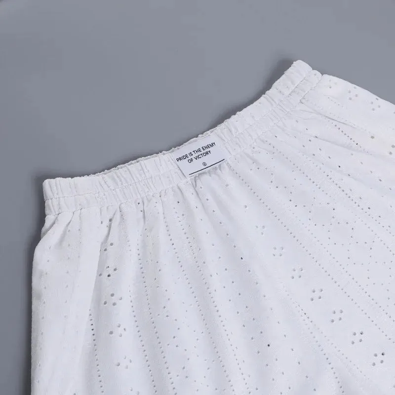Spring & Summer Loungewear Eyelet Long Sleeve Top & Shorts