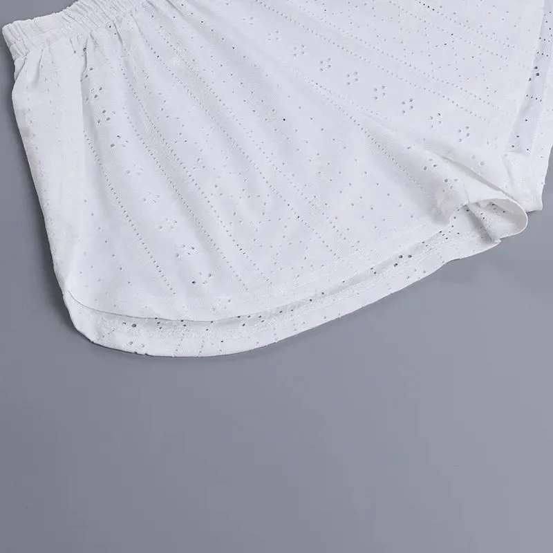 Spring & Summer Loungewear Eyelet Long Sleeve Top & Shorts