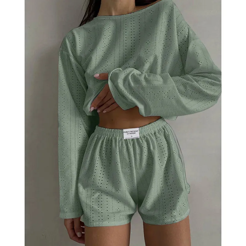 Spring & Summer Loungewear Eyelet Long Sleeve Top & Shorts
