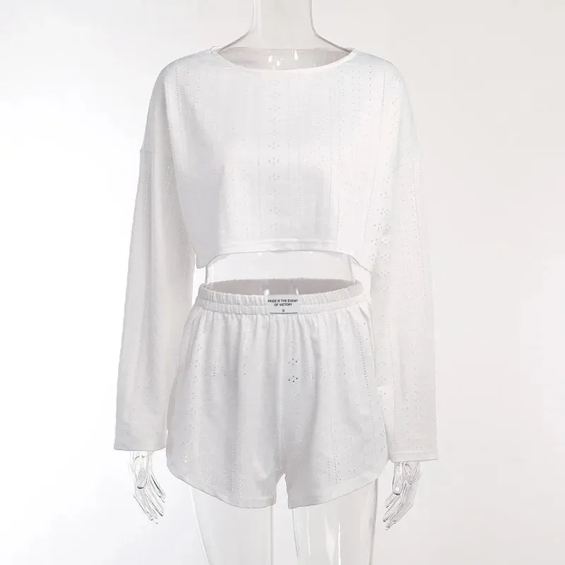 Spring & Summer Loungewear Eyelet Long Sleeve Top & Shorts