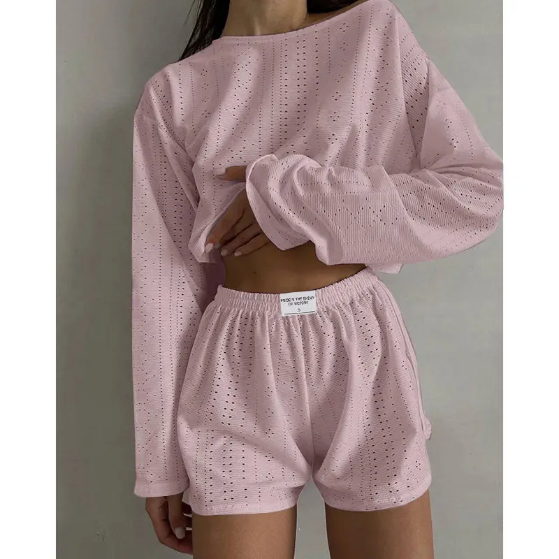 Spring & Summer Loungewear Eyelet Long Sleeve Top & Shorts